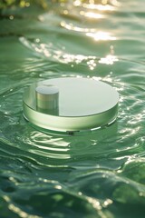 Poster - Floating circular object glistens in serene water surrounded by natural light during daytime
