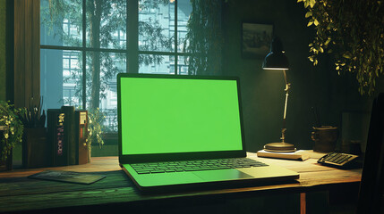 Fototapete - working from home concept, laptop with green screen indoor scene, in a modern decorated home, windows open sun rays day lighting green plants remote work 3d rendering composition