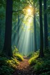 © Rachanon - Sunbeams pierce dense forest canopy, dappled light on woodland floor, landscape, mystical