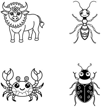 Kawaii Buffalo, Ant, Crab, and Ladybug Line Art | Cute Animal Coloring Page Design