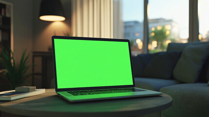 Fototapete - working from home  concept, laptop with green screen indoor scene, in a modern decorated home, windows open sun rays day lighting remote work 3d rendering composition