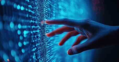 Aufkleber - Hand touching digital data stream on futuristic blue interface