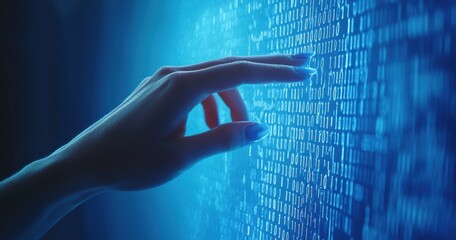Aufkleber - Woman programmer touching virtual screen with binary code, futuristic business concept