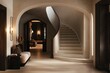 © winna - Modern hall with arched doorway, spiral staircase, and living room view