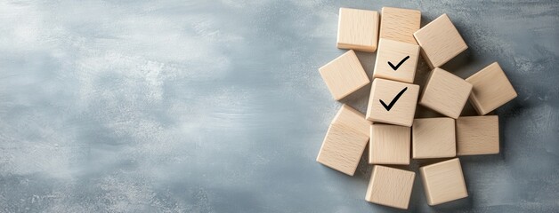 Wooden cubes are arranged in a pyramid on a light wood surface, featuring a checkmark on a calming blue backdrop, ideal for branding