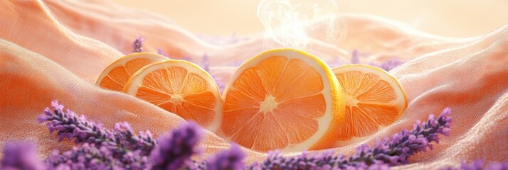 Poster - Vibrant sensory experience with coffee steam, citrus slices, and fragrant lavender fields in a harmonious composition Generative AI
