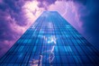 © woters - Storm clouds gather above a modern glass skyscraper during a thunderstorm with lightning striking in the distance