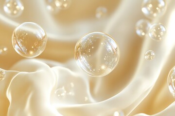 Poster - Transparent bubbles floating on a beige background: a serene macro photography composition