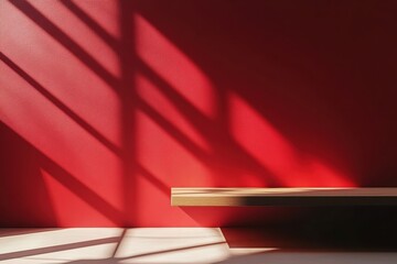 Aufkleber - Empty wooden shelf on a red wall with window shadow creating a minimalist atmosphere