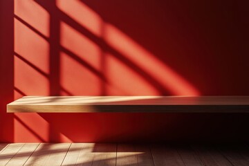 Poster - Empty wooden shelf on red wall with window light creating shadows: minimalist interior design