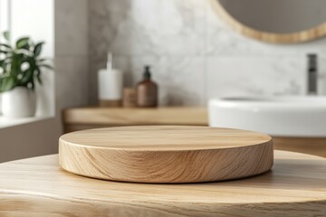 Poster - Empty round wooden podium displaying products in modern bathroom