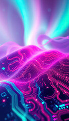 Poster - Futuristic circuit board landscape with neon lights and ethereal aurora like backdrop