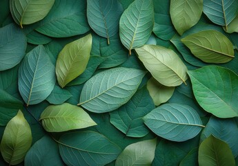 Poster - A Beautiful Display of Varied Green Leaves Laying on a Surface, Showcasing Nature's Diversity and Textures in a Natural Environment