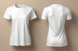 © Vadym - White blank basic t-shirt for female. Front, back view of cotton textile clothing. Apparel template for sport, casual attire, uniform. Lady garment with short sleeve, regular design. Great for