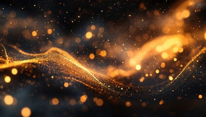Fototapete - Abstract background with shimmering golden particles floating gracefully in a dark space, creating an enchanting and magical atmosphere for creative projects.