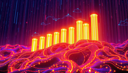 Poster - Digital growth chart with rising gold bars in data rich neon lit technological landscape
