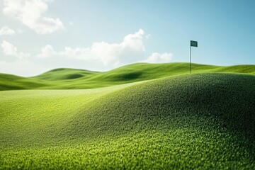 Poster - Serene golf course with rolling hills and flag marking the hole for a peaceful outdoor activity Generative AI