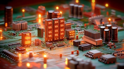 Poster - Close-up view of a vibrant circuit board with illuminated components and intricate details
