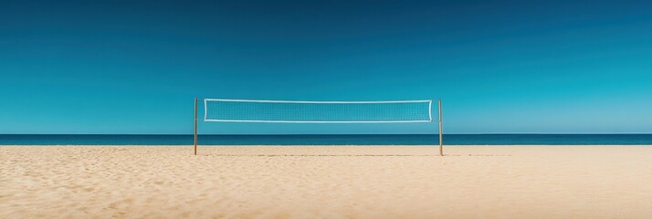 Aufkleber - Serene beach volleyball court with golden sand and deep blue sea in the background under a clear sky Generative AI