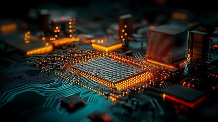 Poster - Close-up view of a vibrant microchip circuit board with glowing components in a tech environment