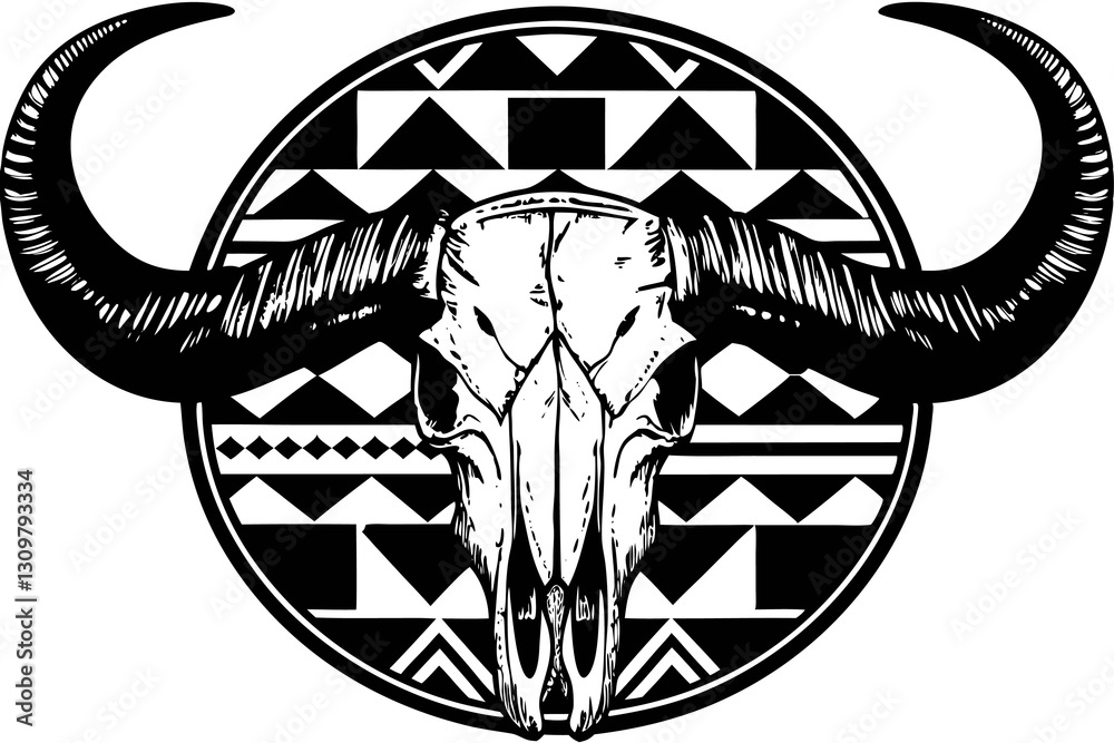 Western Tribal Bull Skull Vector, Native American Tattoo Design, Boho ...