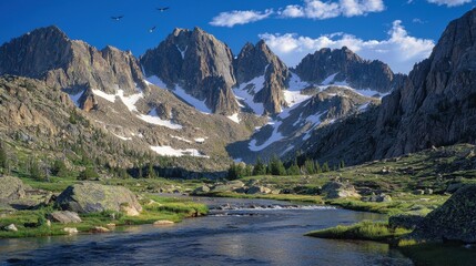 Fototapete - A mountain range with a river running through it
