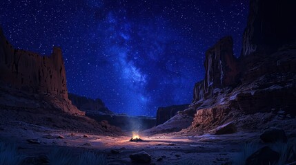 Wall Mural - a dark night sky with a campfire in the middle of a desert