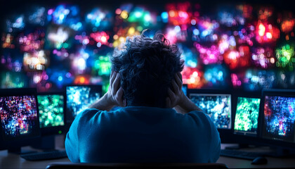 Overwhelmed programmer with multiple screens displaying complex data.