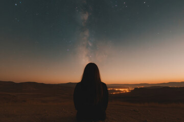 Wall Mural - A woman is sitting on a hillside at night, looking up at the stars