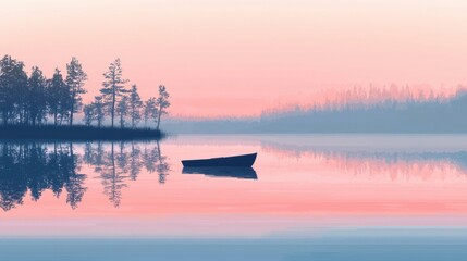 Wall Mural - a boat is floating on a lake with a beautiful pink