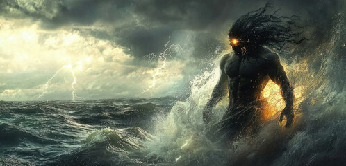 Wall Mural - a man with a long beard and a large head is in the water
