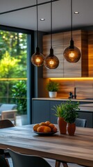Poster - Bright interior of a contemporary kitchen features elegant pendant lights and a wooden dining table adorned with fresh fruits. Greenery adds a touch of nature, creating a vibrant atmosphere
