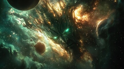 Wall Mural - a large green tree with a face on it is surrounded by planets