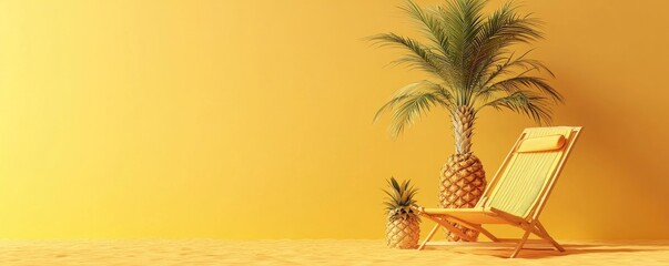 Wall Mural - 3d render, summer background with palm tree and beach chair in a pineapple shape on a yellow color b