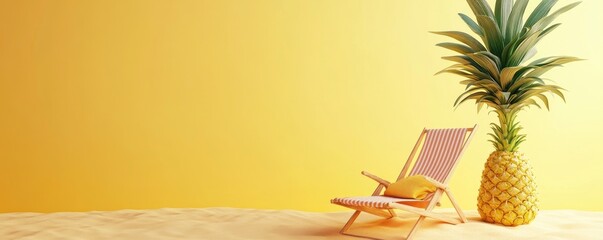 Wall Mural - 3d render, summer background with palm tree and beach chair in a pineapple shape on a yellow color b