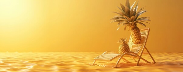 Wall Mural - 3d render, summer background with palm tree and beach chair in a pineapple shape on a yellow color b