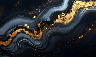 Poster - Elegant abstract fluid art with deep blues and glistening gold accents