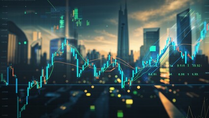 Poster - Financial market analysis with digital graphs and skyscrapers during sunset in a vibrant city