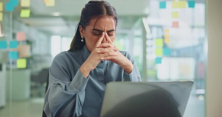 Poster - Burnout, laptop and stress with business woman in office for deadline or problem solving. Anxiety, computer and headache with unhappy employee in creative workplace for project management solution