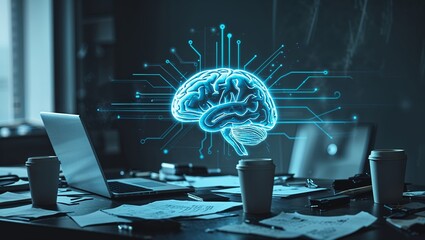 Poster - Brain technology concept showcasing digital networks in a workspace with cups and documents during daytime