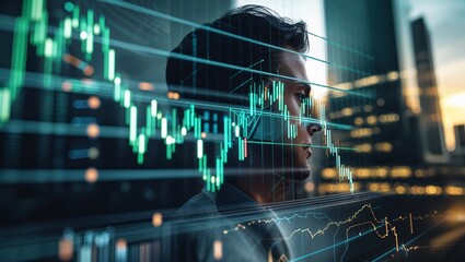 Poster - Business professional analyzing stock market trends in a bustling city environment during twilight hours