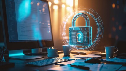 Poster - Secure digital workspace with glowing lock symbol at night in modern office
