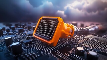 Poster - Close-up view of an orange connector on a circuit board with dramatic cloudy background