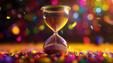 Poster - A close-up shot of a clear hourglass with golden sand flowing through the narrow neck, set against a blurred background of colorful bokeh lights and scattered confetti