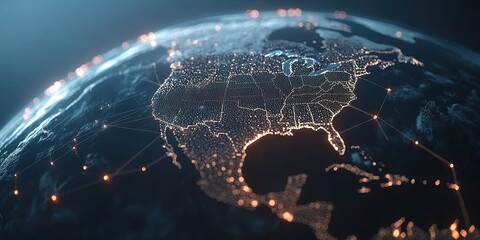 Poster - Lighted map of North America showing connectivity and urban areas at night with a global view