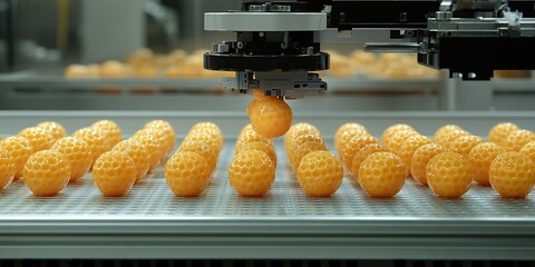 Poster - Automation in a food production facility with robotic arms sorting orange spherical products