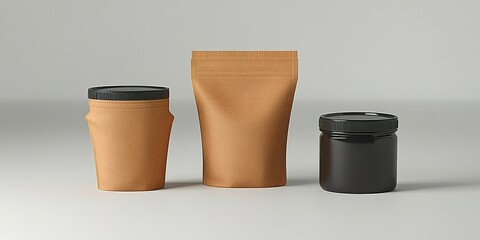 Poster - Unique packaging design featuring three containers in minimalistic style on a neutral background