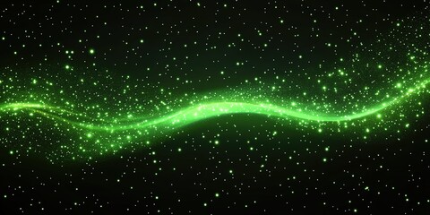Poster - Green glowing wave of light with sparkling particles in a dark background creating a mystical atmosphere