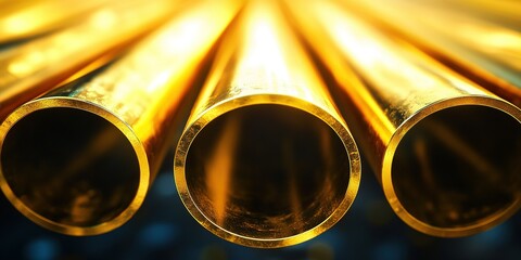 Poster - Golden metal pipes arranged in close proximity highlighting their reflective surfaces under bright lighting