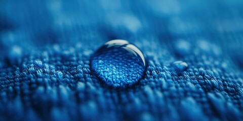 Poster - Detailed close-up of a water droplet resting on textured blue fabric during a calm, natural setting